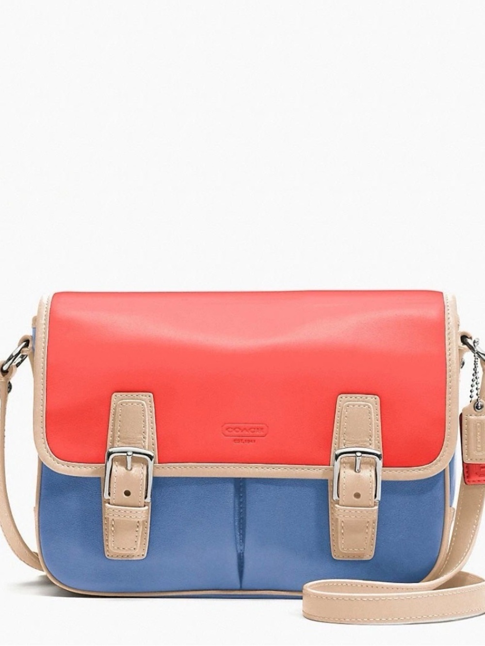 Coach Two-Tone Leather Crossbody in Coral Red, Blue & Tan Trim